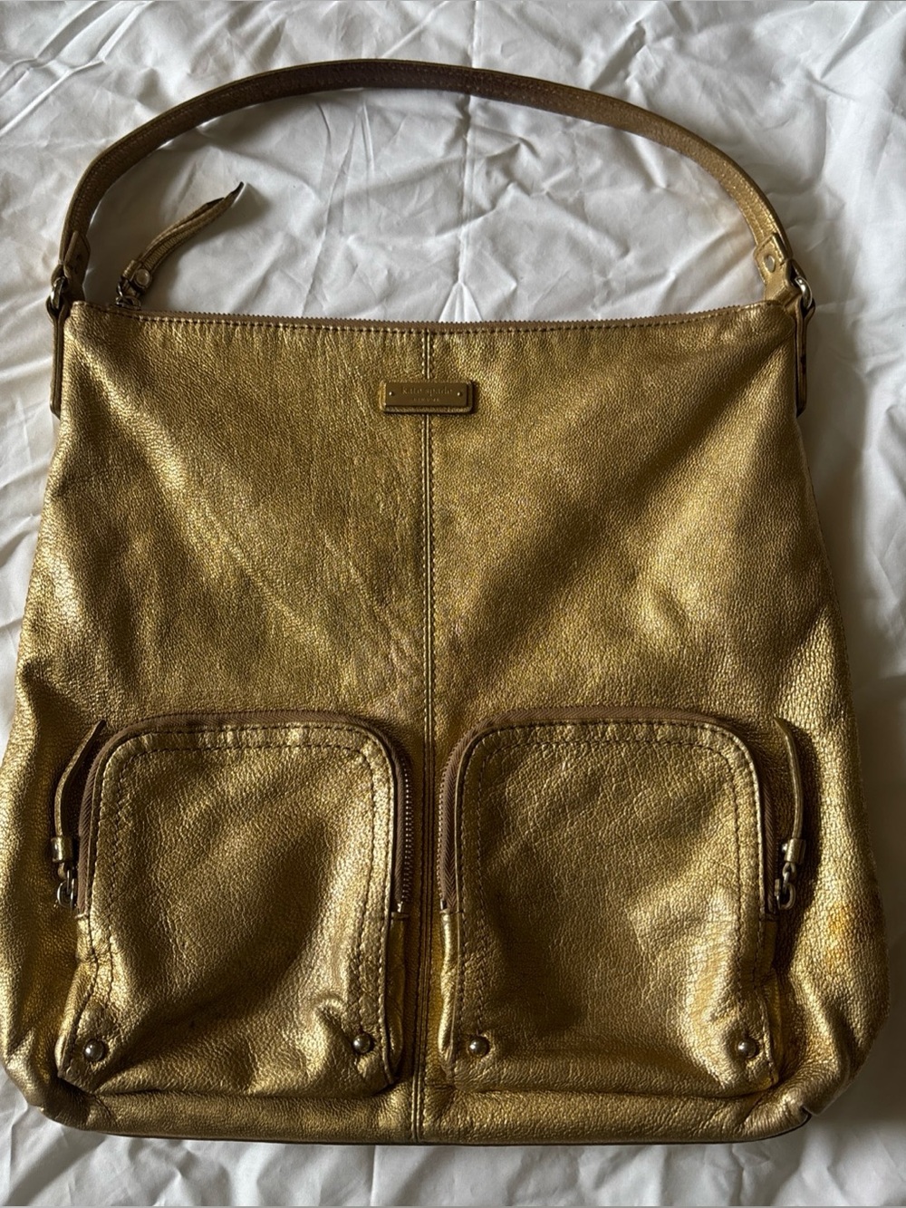 Kate Spade Metallic Gold Leather Tote Shoulder Bag Purse Front Pockets GUC 14x13